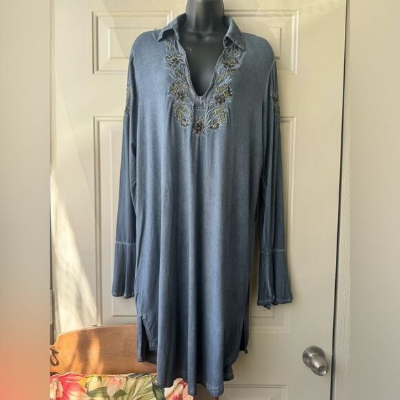 POL Dress Blue Long Sleeve Embroidered Boho Tunic Size Large - Picture 1 of 14